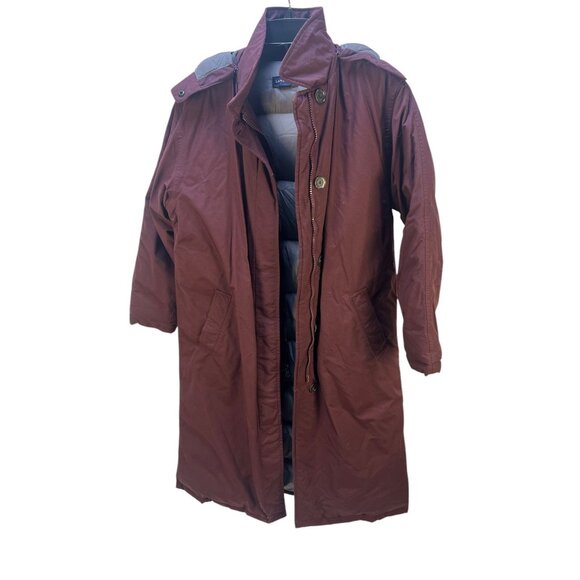 Lands End Women's Burgundy Long Nylon Hooded Down Jacket Sz 10-12 Outdoor Winter - Picture 1 of 16